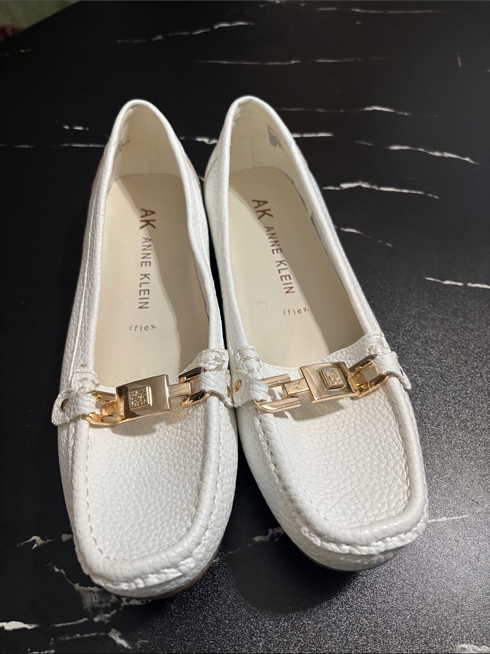 Anne Klein White Leatherette Chain-Trim Loafers
